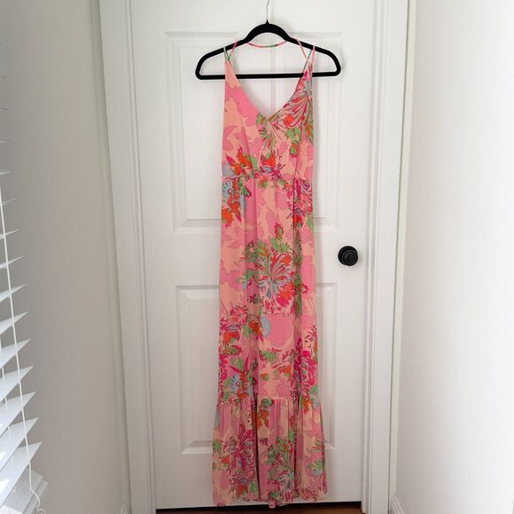 Women Gianni Bini Floral Print Maxi Ruffle Dress in Pink Hawaiian Size Medium - Picture 1 of 10